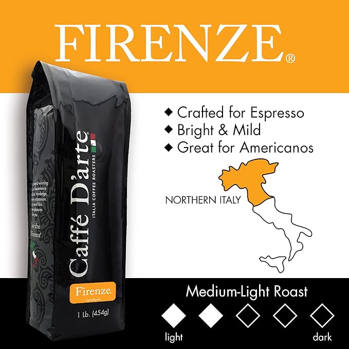Caffe D'arte Firenze Whole Bean Espresso Coffee ??Medium Light Roast, Bright & Mild Flavor, Sweet & Smooth Aroma ??Crafted for Espresso & Americanos, 1 Pound Bag, Pack of 2