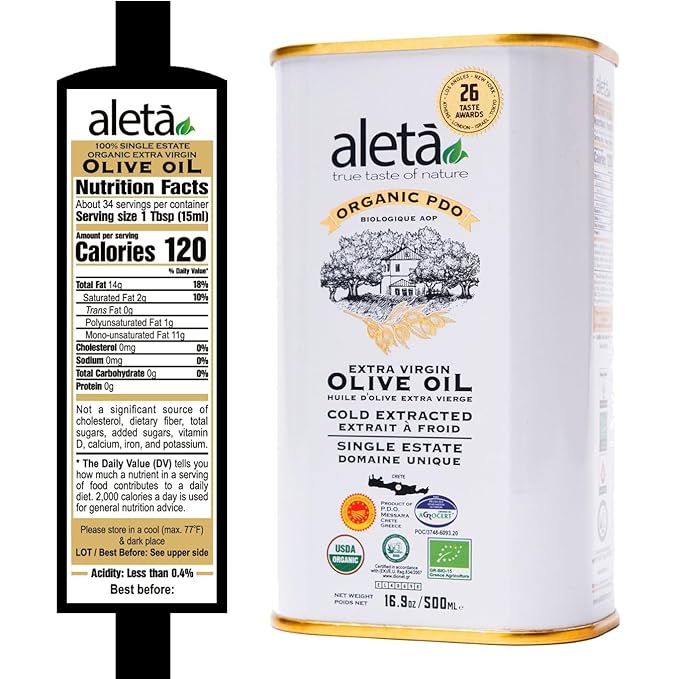 Aleta Farms Olive Oil Extra Virgin, USDA Organic, Single Estate PDO Polyphenol Rich Olive Oil, Cold Pressed, Global Gold Awards, EVOO, Kosher. 16.9 Fl Oz (Pack of 2)