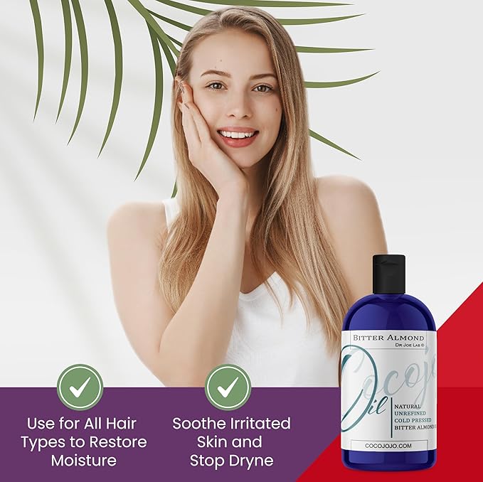 cocojojo Pure Bitter Almond Oil 8 oz Unrefined Cold Pressed Extra Virgin All Natural Perfect for Hair Face Skin Nails