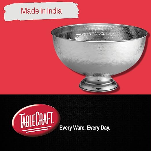 TableCraft RPB1513 Hammered Pedestal Punch Bowl, Large Silver Stainless Steel, 54 Cup Capacity, 3.4 Gallon, Ideal for Serving Hot and Cold Drinks, Champagne, Cocktails, Sangria, Juice, Elegant Design