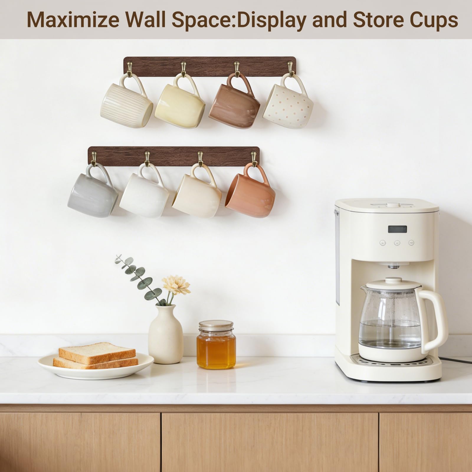 Mkono Wall Mug Holder, Wooden Coffee Cup Hanger Rack with 8 Hooks, Brown