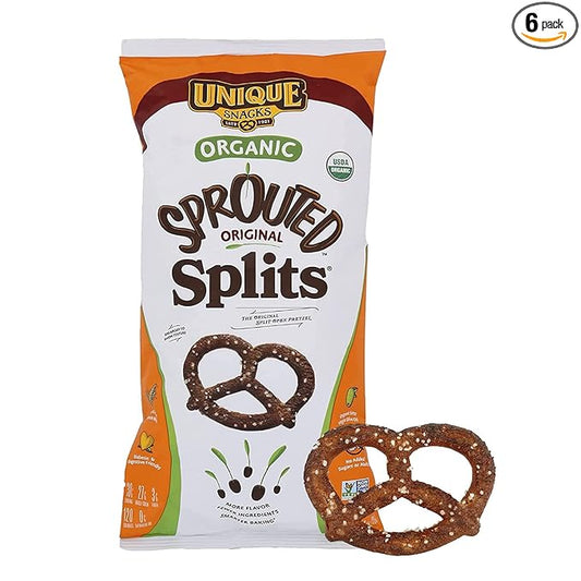Unique Snacks Sprouted Splits Pretzels, Sprouted Pretzels, Delicious Homestyle Baked Snack Bag, OU Kosher, and Non-GMO Food, No Artificial Flavor, 8 Oz. Bag, Pack of 6