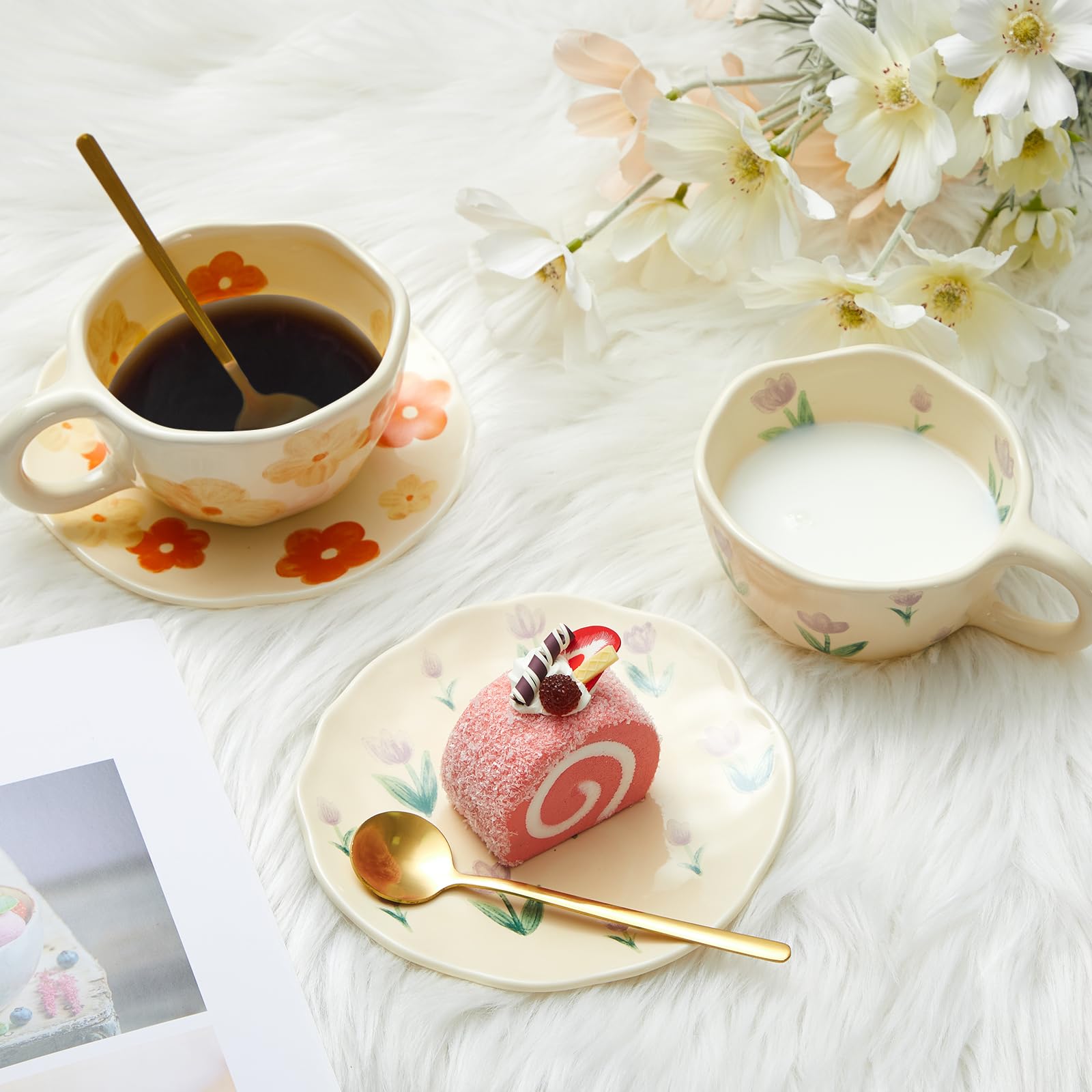 Vesici 4 Set Ceramic Coffee Mug Set with Saucer and Spoon Cute Mothers Day Gifts for Mom 8.5 oz