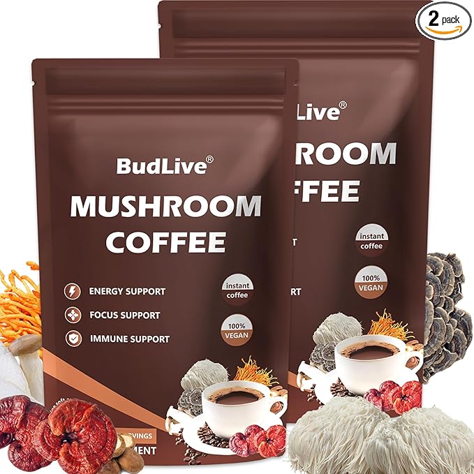 Mushroom Coffee - Instant Coffee Powder with Organic Lion?™s Mane, Reishi, Cordyceps, Turkey Tail, King Trumpet & Shiitake, Energy, Focus, Digestion & Immune Support, 30 Servings