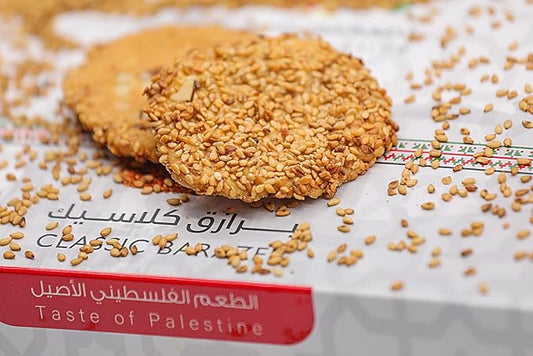 YAFA Barazek Sesame Cookies - Turkish sesame cookies - Classic Barazek with Almonds - Crunchy Middle Eastern Treats with a Honey- Sesame Glaze- Taste of Palestine -500g, Mother's Day Gift