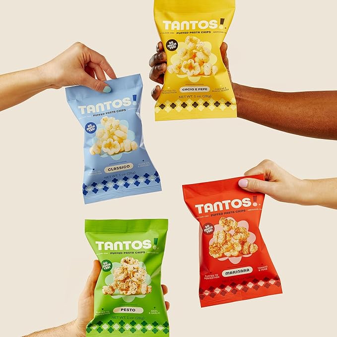 Tantos! Puffed Pasta Chips ??Healthy Pasta Snack by Top Chef Joe Sasto ??Plant-Based, Low Calorie, Crunchy Chips ??Variety Pack ??Marinara, Pesto, Cacio e Pepe, Classico ??Gourmet Bold Flavors (1oz-24 Pack (6 of Each Flavor), Variety)