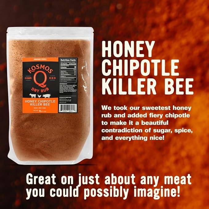Kosmos Q Honey Chipotle Killer Bee BBQ Dry Rub, Sweet and Spicy Seasoning with Sugar, Chipotle, Garlic, and Paprika for Ribs, Pulled Pork, Chicken, Dry Rub For Smoking and Grilling Meat, 16 Oz Bag