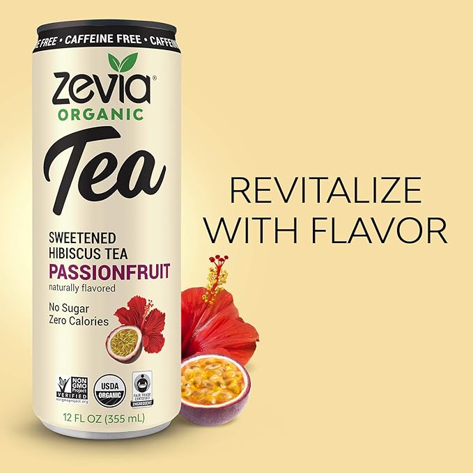 Zevia Zero Sugar Tea, Hibiscus Tea with Passionfruit Caffeine Free, 12 oz Cans (12-Pack) – Naturally Sweetened, Zero Calorie Sugar Free - Non-GMO Project Verified, Gluten-Free, Vegan