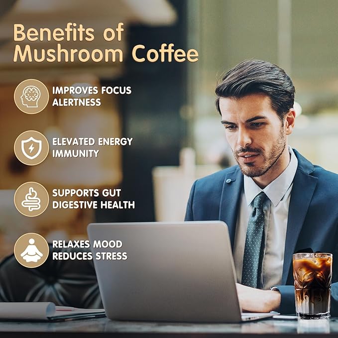 Mushroom Coffee, 6 Adaptogenic Mushrooms with Lion's Mane, Cordyceps, Turkey Tail & More, Instant Mushroom Coffee for Focus, Energy, Immune & Digestion Support