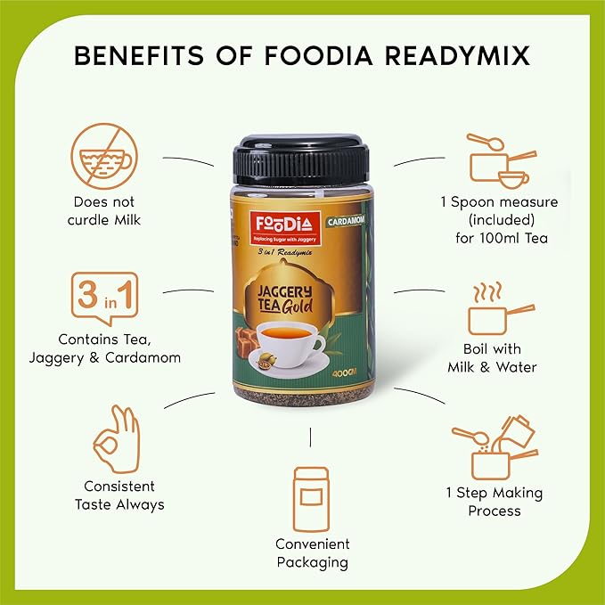 FOODIA Jaggery Cardamom Tea Gold | Readymix Tea Powder with Jaggery Powder & Premium Cardamom | 14.11oz |