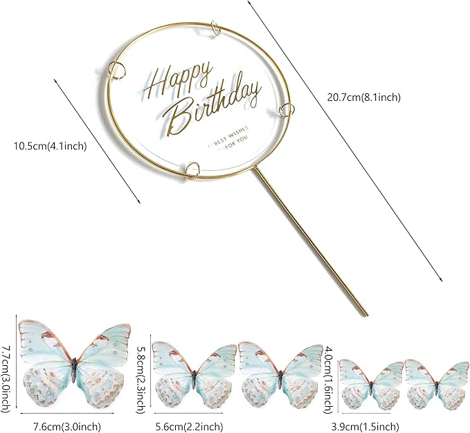 11-Piece Turquoise Butterfly Cake Toppers Set: Happy Birthday Metal Gold Cake Toppers & Decorations