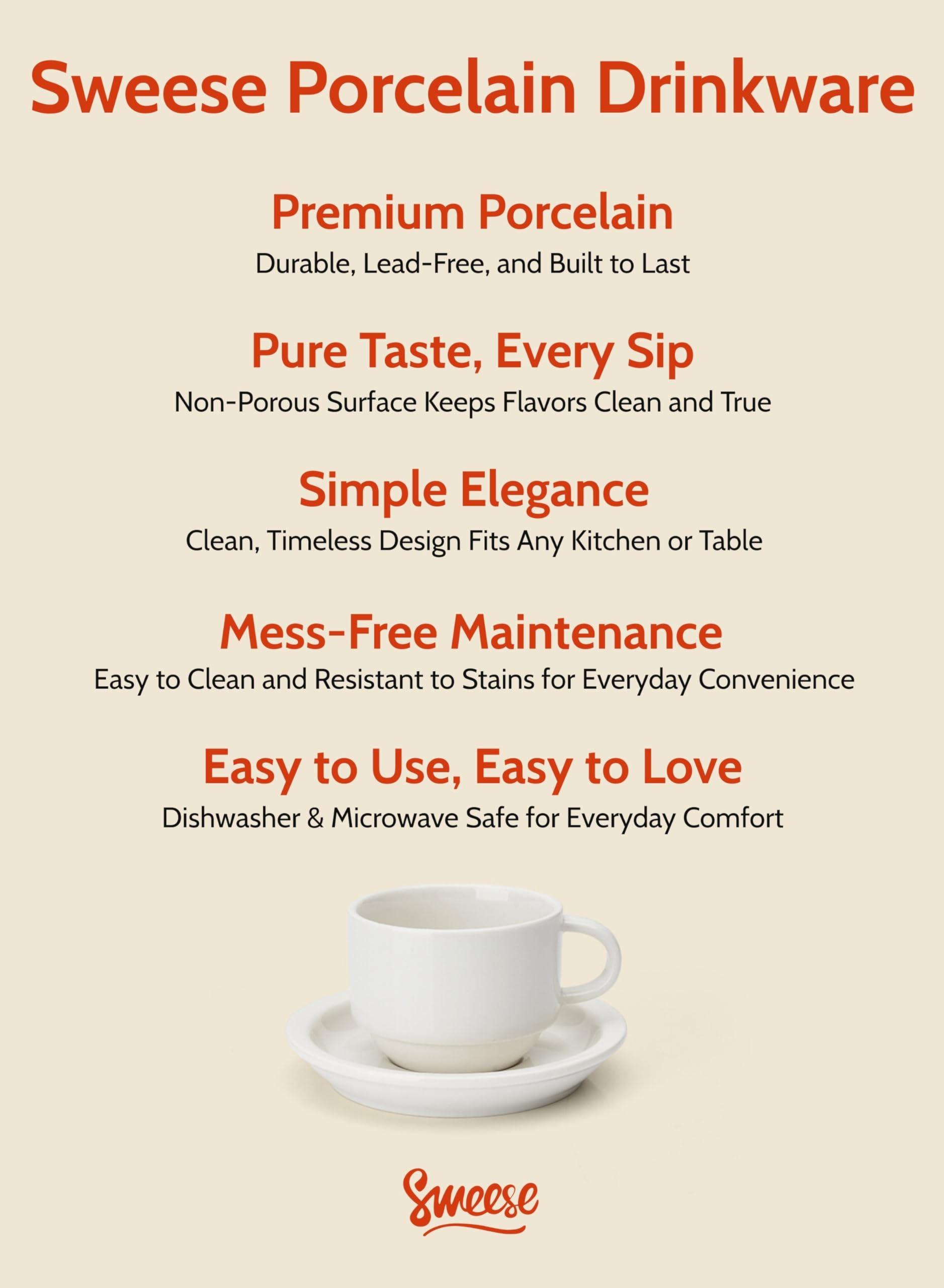 Sweese Porcelain Espresso Cups Set, 4 oz Stackable Cups with Saucers Metal Stand, Set of 4, White