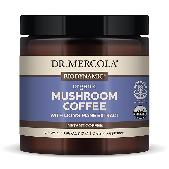 Dr. Mercola Mushroom Coffee with Lion's Mane Extract, Instant Arabica Coffee, 500 mg Lion's Mane Extract, Dietary Supplement, Supports Cognitive Health, Non-GMO - 3.88 Oz (110g), 20 Servings