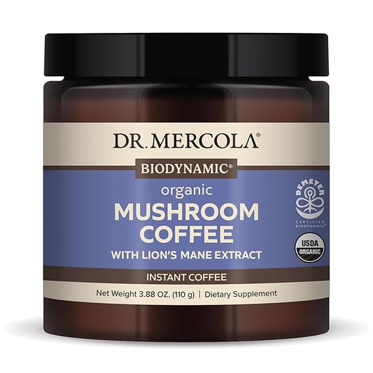 Dr. Mercola Mushroom Coffee with Lion's Mane Extract, Instant Arabica Coffee, 500 mg Lion's Mane Extract, Dietary Supplement, Supports Cognitive Health, Non-GMO - 3.88 Oz (110g), 20 Servings