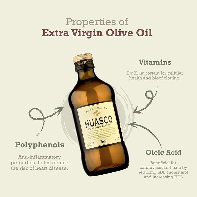 Extra Virgin Olive Oil by HUASCO |First Cold Press - From Chile, 16.9 Fl Oz (500 Ml) - 4 pack