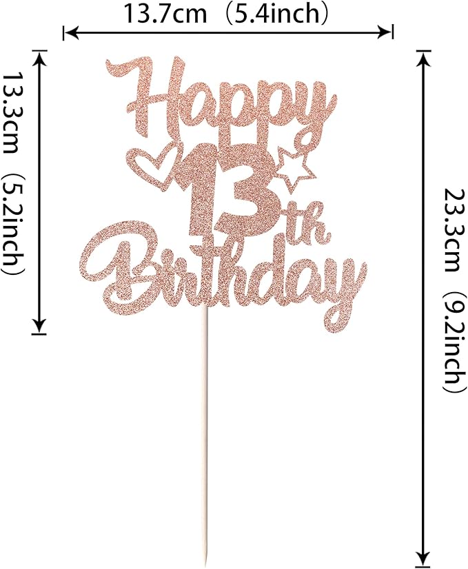 1 Pack Happy 13th Birthday Cake Topper Glitter Heart Star 13 Fabulous Cake Pick Birthday Sign Cake Decorations for Children 13th Birthday Theme Party Supplies Rose Gold