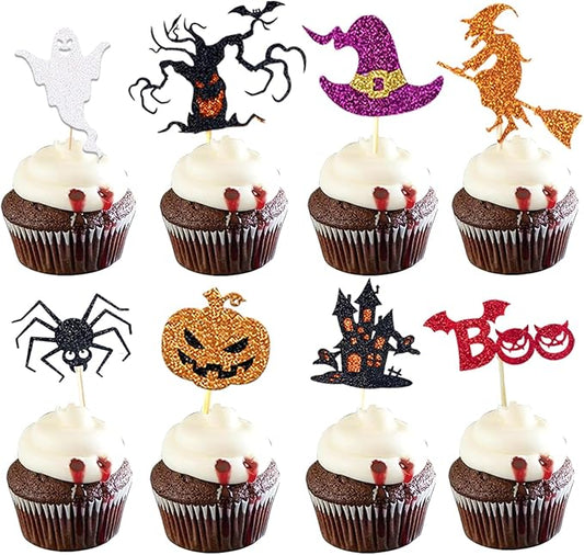 24pcs Halloween Cupcake Toppers Ghost Boo Glitter Haunted House Pumpkin Witch Spider Cake Decoration for Ghost Theme Halloween Holiday Baby Shower Party Supplies