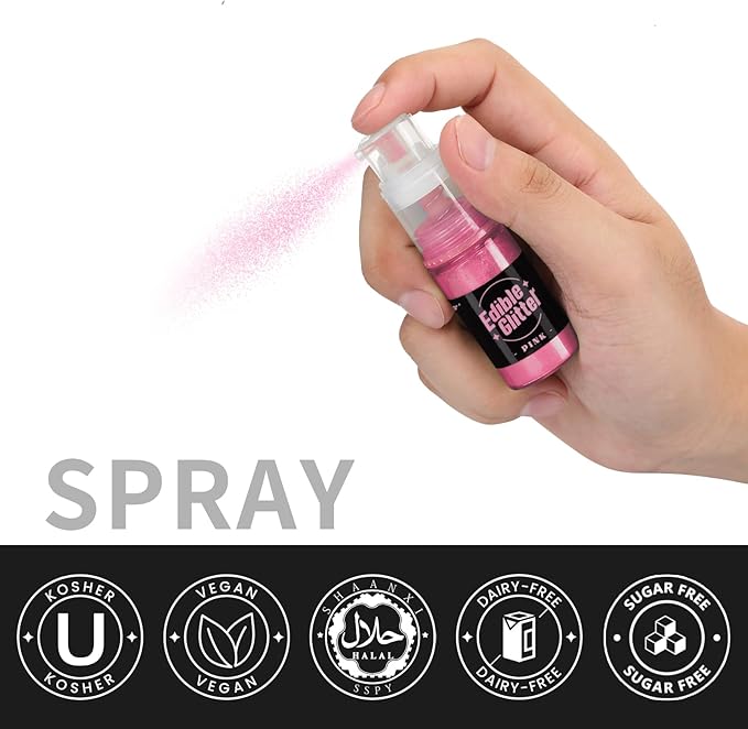 Sujoygar Edible Glitter Spray 2 Colors, Pink and Purple Edible Glitter for Cocktails, Shimmer Powder Luster Dust Edible for Cake Drink Strawberrie Cupcake Cookies Wedding Baking Decoretion, Vegan(5g/Bottle)