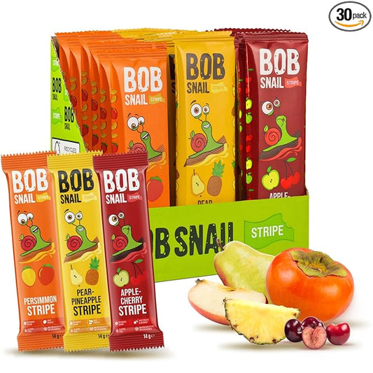 BOB SNAIL Healthy Organic Fruit Snacks for Kids and Adults ??30 Organic Fruit Leather Snacks with Persimmon, Pear-Pineapple,Cherry ??Vegan Low-Carb Variety Pack Strips for Kids ??Sugar Free Jerky Bars