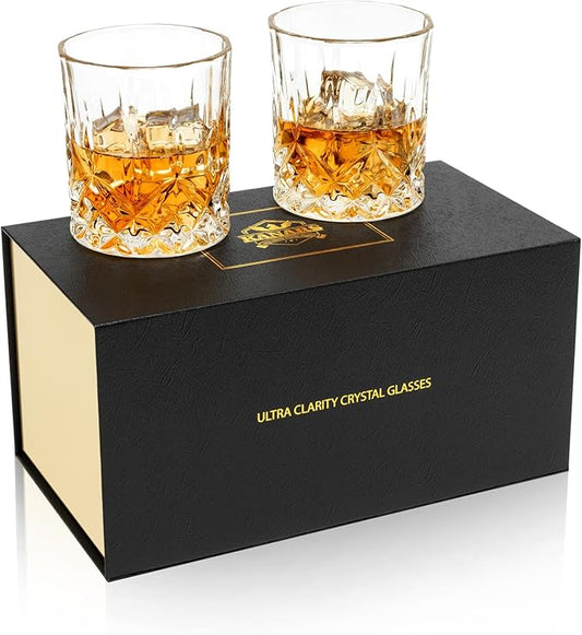 KANARS Old Fashioned Whiskey Glasses - 10 Oz Crystal Rocks Barware Set of 2 for Scotch, Bourbon, Rum, Liquor and Cocktail Drinks - Unique Whisky Gift for Men Dad