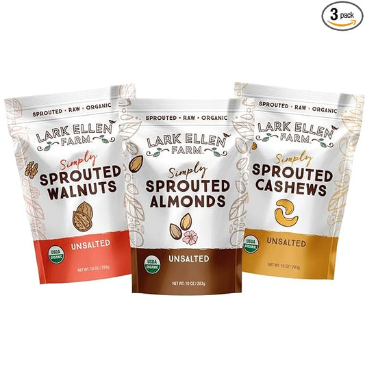 Lark Ellen Farm Sprouted Organic Nuts Variety Pack ??Almonds, Walnuts & Cashews ??Raw, Vegan, Gluten-Free, Non-GMO, Clean Label Snacks, (1 Bag Each, 10 oz)