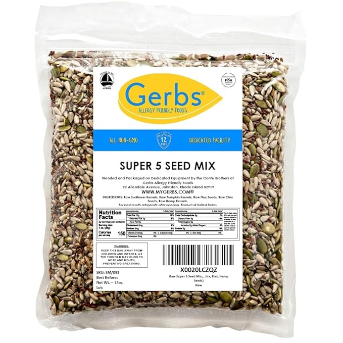 Gerbs Super 5 Seed Snack Mix 14 oz. | Raw, No Additives, Resealable Bag | Crunchy Pumpkin, Sunflower, Flax, Chia & Hemp Blend | Top 14 Allergen-Free