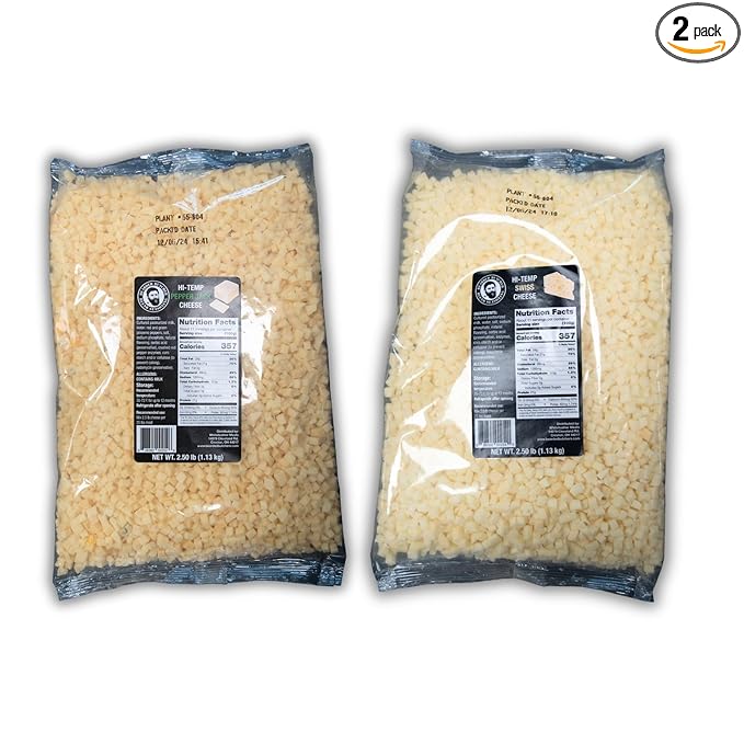 Bearded Butchers High-Temp Pepper Jack & Swiss Cheese, Pack of 2 (2.5 lb Bags Each) ??5 lbs Total, Shelf-Stable 1/4-Inch Cubes for Up to 25 lbs of Meat Per Bag, 400°F High-Temperature Cheese ??Ideal for Bold & Creamy Sausage Blends, Brats, and More