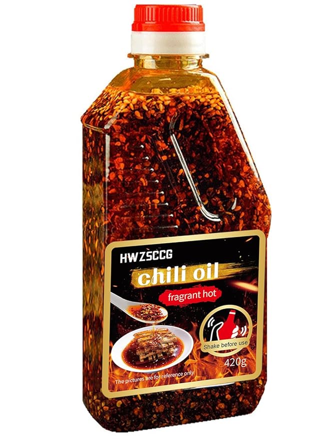Chili oil, hot sesame oil, spicy chili oil, Chinese pepper oil noodle cooking, 14.81 ounce bottle with crispy chili chips, crispy fried chili skin, crispy/vegan/everything is good (fragrant hot)