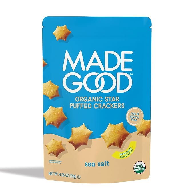 MadeGood Sea Salt Star Puffed Crackers, 4.26oz Pouch, Organic Snacks