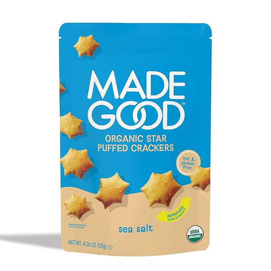 MadeGood Sea Salt Star Puffed Crackers, 4.26oz Pouch, Organic Snacks