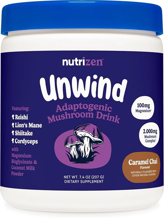Nutricost Nutrizen PM Unwind Adaptogenic Mushroom Drink (Caramel Chai Flavored) 30 Servings