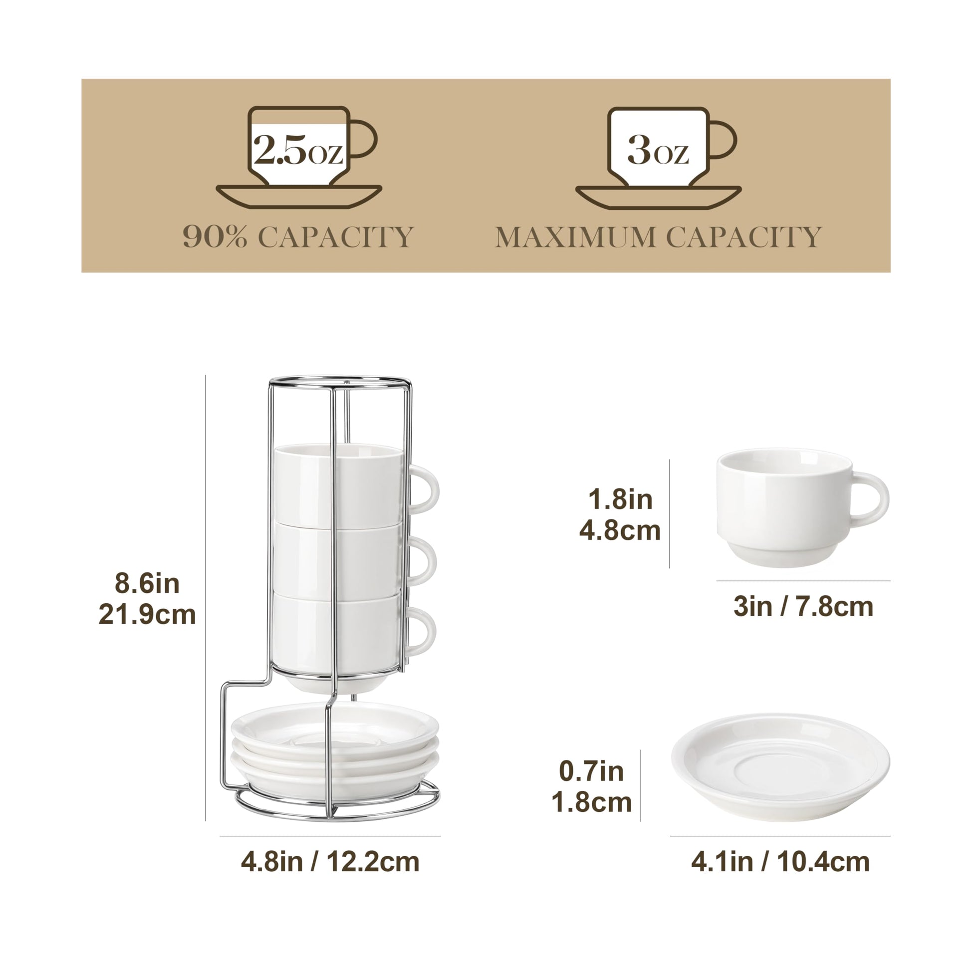 MALACASA 2.5 OZ Porcelain Espresso Cups with Saucers and Metal Stand Set of 4, Stackable Cappuccino
