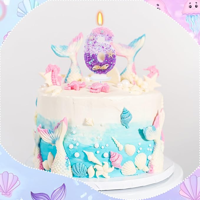 Purple Mermaid Party Number 6 Cake Candles, 2.76 inch Birthday Candle, Cake Topper Decoration for Birthday Party (Number 6)