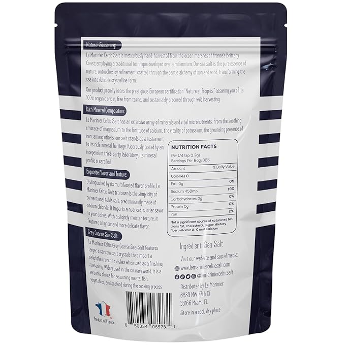 Le Marinier French Sea Salt Grey Coarse, 1.1lb - 18oz. Mineral Rich 100% Natural and Unrefined Sea Salt Organic. Hand Harvested Mineral Salt, Sel Gris (1.1lb Grey Coarse)