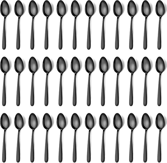 Pleafind 36 Pieces Black Teaspoons Set - 6.2 inch, Spoon Silverware, Stainless Steel Tea Spoons, Mirror Polished Small Teaspoon, Dessert Spoons for Home, Kitchen, Restaurant, Dishwasher Safe