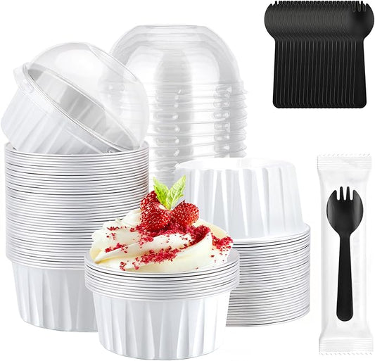 EUSOAR Disposable Ramekins with Sporks Individually Wrapped, 60pcs 5oz Mini Cake Pans with Lids and Plastic Sporks, Foil Creme Brulee Cupcake Ramekins Muffin Liners Baking Cups for Wedding Party Favor