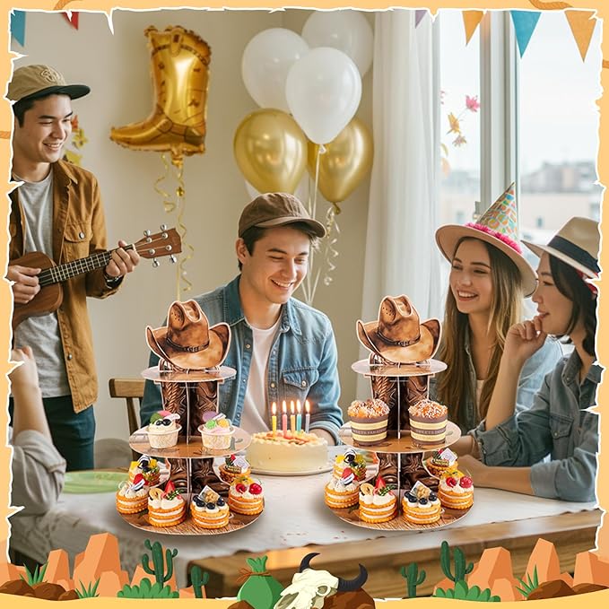 2 Pack Western Cowboy Cupcake Stand Western Party Decorations Wild West Cupcake Holder Cowboy Party Decorations for Boys Birthday Western Theme Baby Shower Supplies