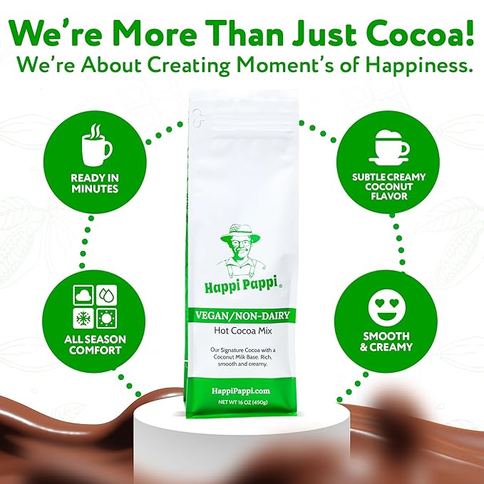 Happi Pappi - Vegan Hot Cocoa Mix, Coconut Milk Base Rich and Smooth Chocolate Powder for Drinks & Baking, Indulgent Cacao Treats for Cozy Nights and Warm Beverages, 16 oz Bag