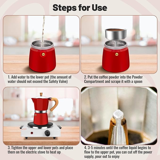 3 Cup Aluminum Moka Pot Classic Stovetop Espresso Coffee Maker 150ml 5oz Coffeemaker Percolator Mocha Pot Greca Coffee Maker Cafe Makers for Italian and Cuban Cafì±?Brewing Red