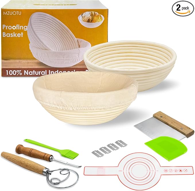 Banneton Sourdough Bread Baking Supplies: 2-Piece Rattan 9" Round Bread Proofing Basket set with Linen Liners - Non-Stick for Beginners & Home Bakers