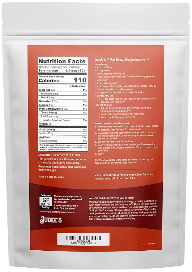 Judee's Ivory Teff Flour 5 lb - Non-GMO, Vegan, Made in USA - Resistant Starch - Great for Making Quick Teff Bread, Injera, Muffins, Pancakes, and Cookies - Gluten-Free and Nut-Free