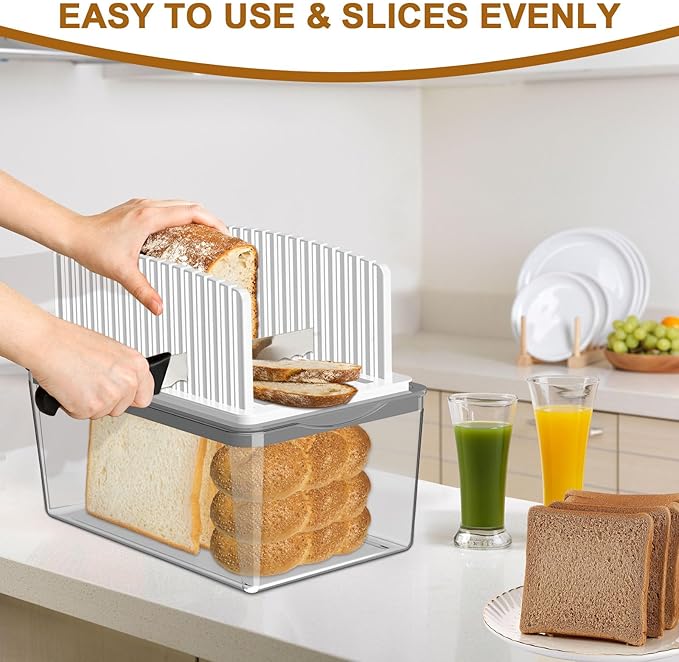 Upgrade Bread Slicer for Homemade Bread with Bread Box, Bread Slicing Guide Adjustable Width, Foldable and Compact Cutting Guide with Crumb Tray, Suitability for Homemade Bread, Bagels,Cakes