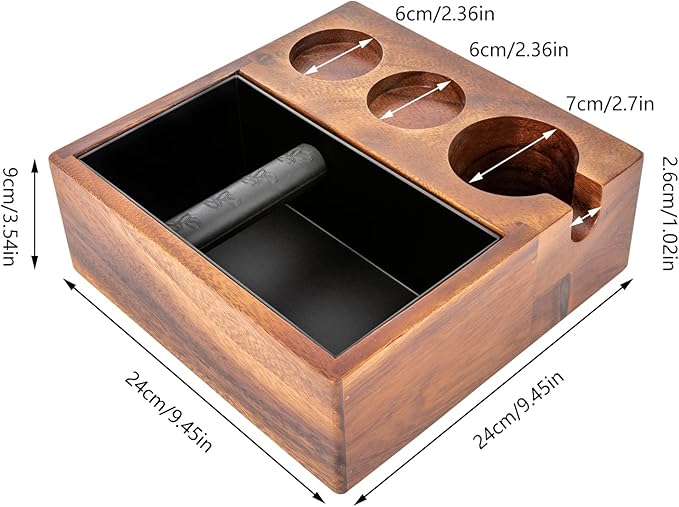 Gdrasuya10 58MM Espresso Knock Box and Tamping Station Coffee Milk Tea Machine Accessories Wooden Tool Stainless Steel Storage Boxs for 2.28" Tamper Distributor Portafilter