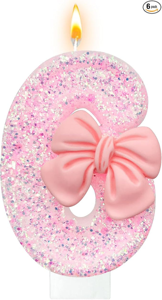 Birthday Cake Candles, Pink Glitter with Bow Cake Candles, Birthday Party Cake Toppers, Cute Birthday Candle Decorations (6)