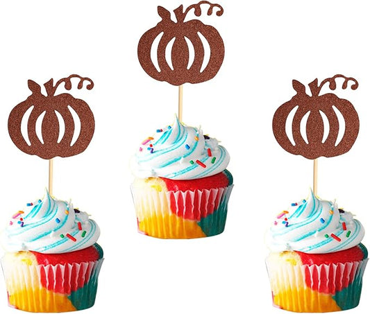 24pcs Pumpkin Cupcake Toppers - Brown Glitter Picks for Fall Theme Thanksgiving Halloween Birthday Baby Shower Party Decoration Supply