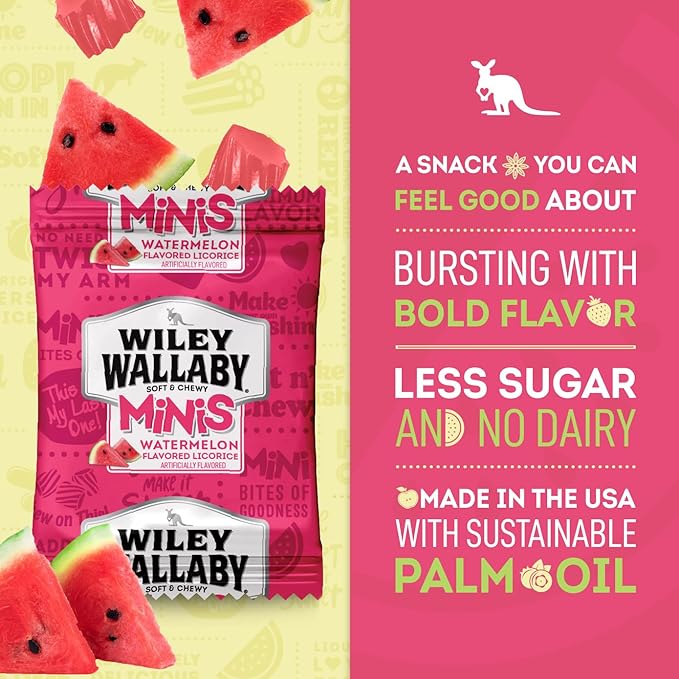 Wiley Wallaby Mini Licorice Bites 0.5 Ounce Classic Gourmet Soft & Chewy Australian Watermelon Licorice Candy Bags, 40 Pack