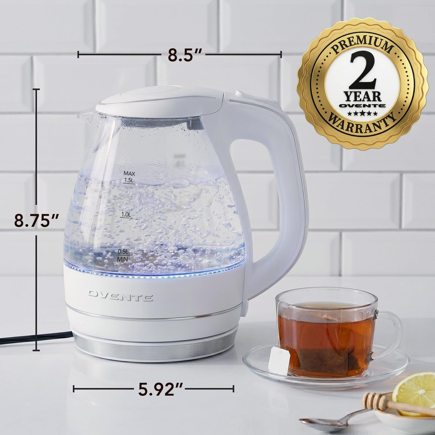 OVENTE 1.5L Glass Electric Kettle Water Boiler, White KG83W