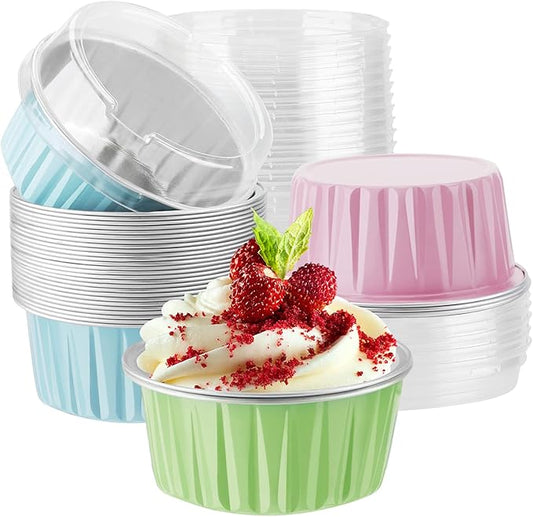 EUSOAR Disposable Foil Ramekins with Lids, 30pcs 5oz 125ml Aluminum Foil Muffin Liners Cupcake Baking Cups, Mini Pie Pans with Lids, Disposable Foil Baking Cups Containers for Creme Brulee or Cupcake