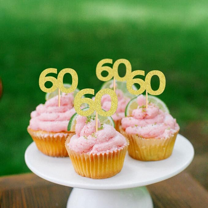 24PCS Gold Glitter 60th Birthday Cupcake Toppers Number 60 Birthday Celebrating Cake Decorations Supplies for Birthday Anniversary Party
