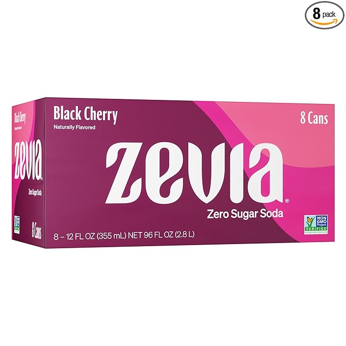 Zevia Zero Sugar Soda, Black Cherry, 12 oz Cans (8-Pack) ??Naturally Sweetened, Non-GMO Project Verified, Gluten-Free, Vegan